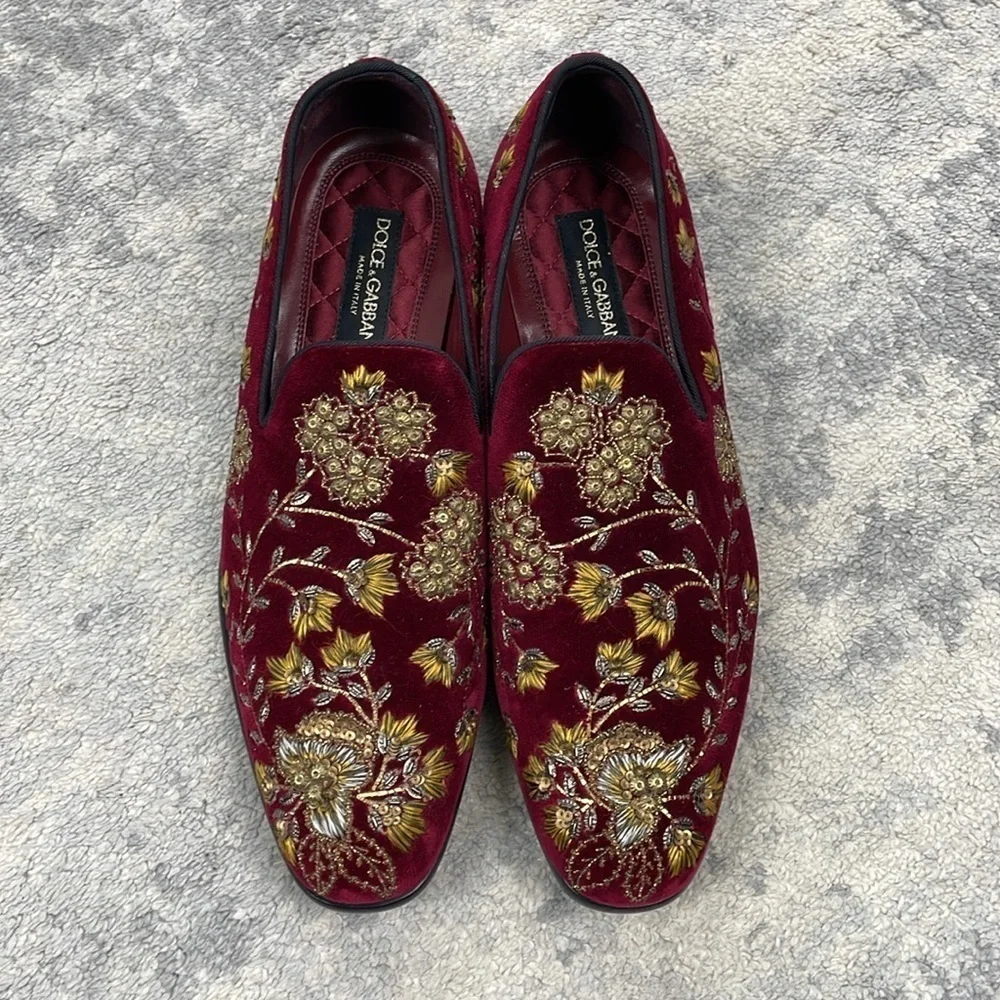 New Dolce & Gabbana Floral Embroidered Sequin Velvet Loafers Red Gold Luxury 7